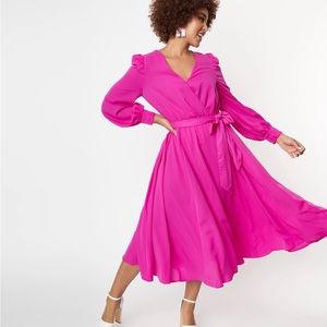 Unique Vintage bought by Jealous Tomato fuchsia midi resort dress with belt.